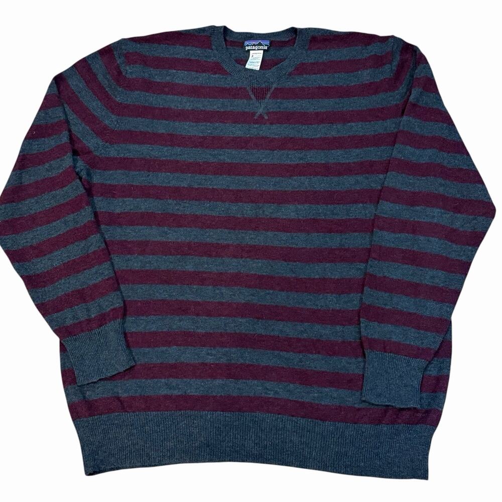 Patagonia Men's Burgundy & Gray Striped Wool Cashmere Crew Neck Sweater Size XXL